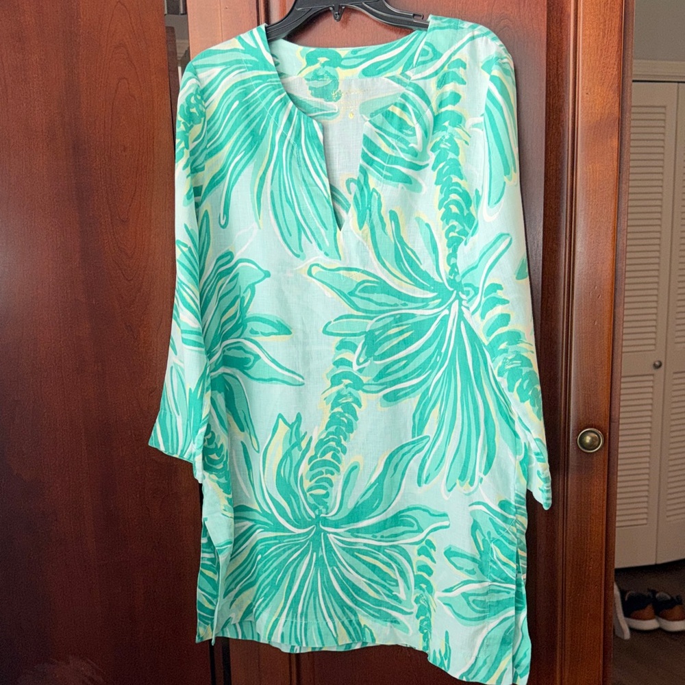 Lilly Pulitzer Tropical Green Linen Leaf Tunic Top